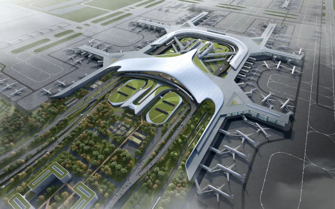 Airport terminal aerial view with aircraft at gates Airport terminal aerial view with aircraft at gates