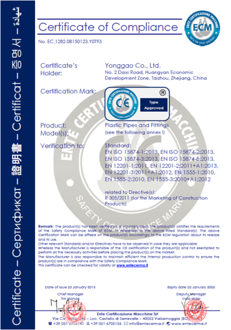 CE CERTIFICATE FOR PVC THREAD FITTINGS