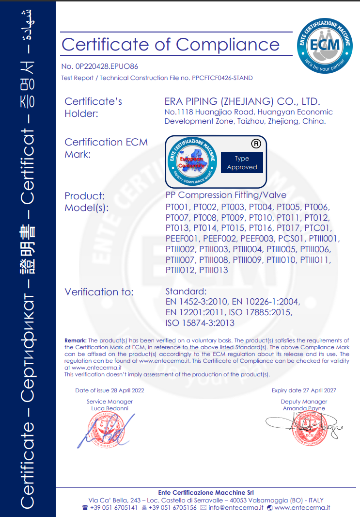 CE CERTIFICATE FOR PP COMPRESSION FITTINGS AND VALVES