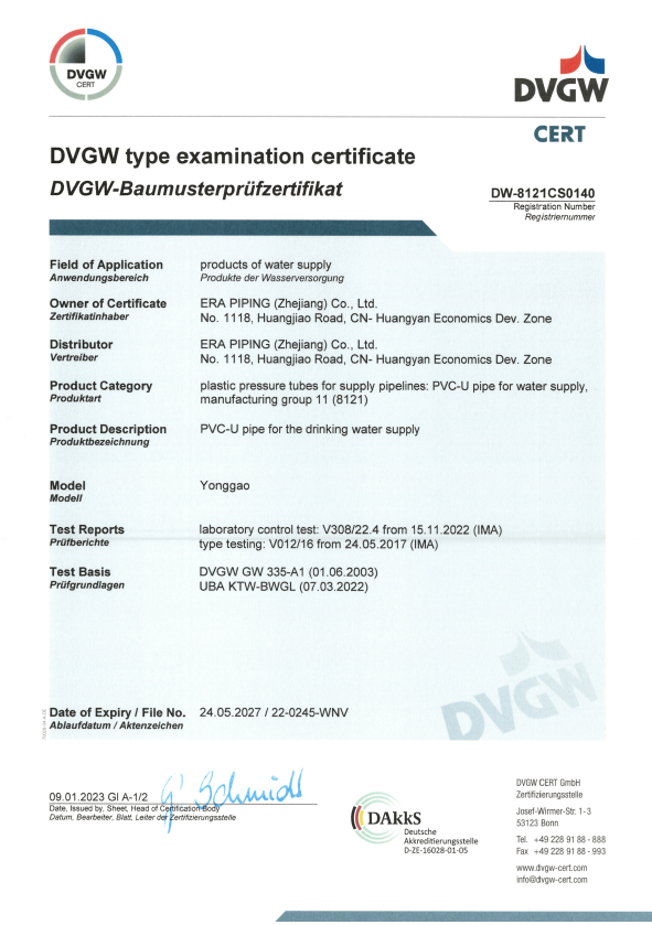 ERA-PVC U Pipe-group 11-up to 63mm-DVGW证书-DW-8121CS0140