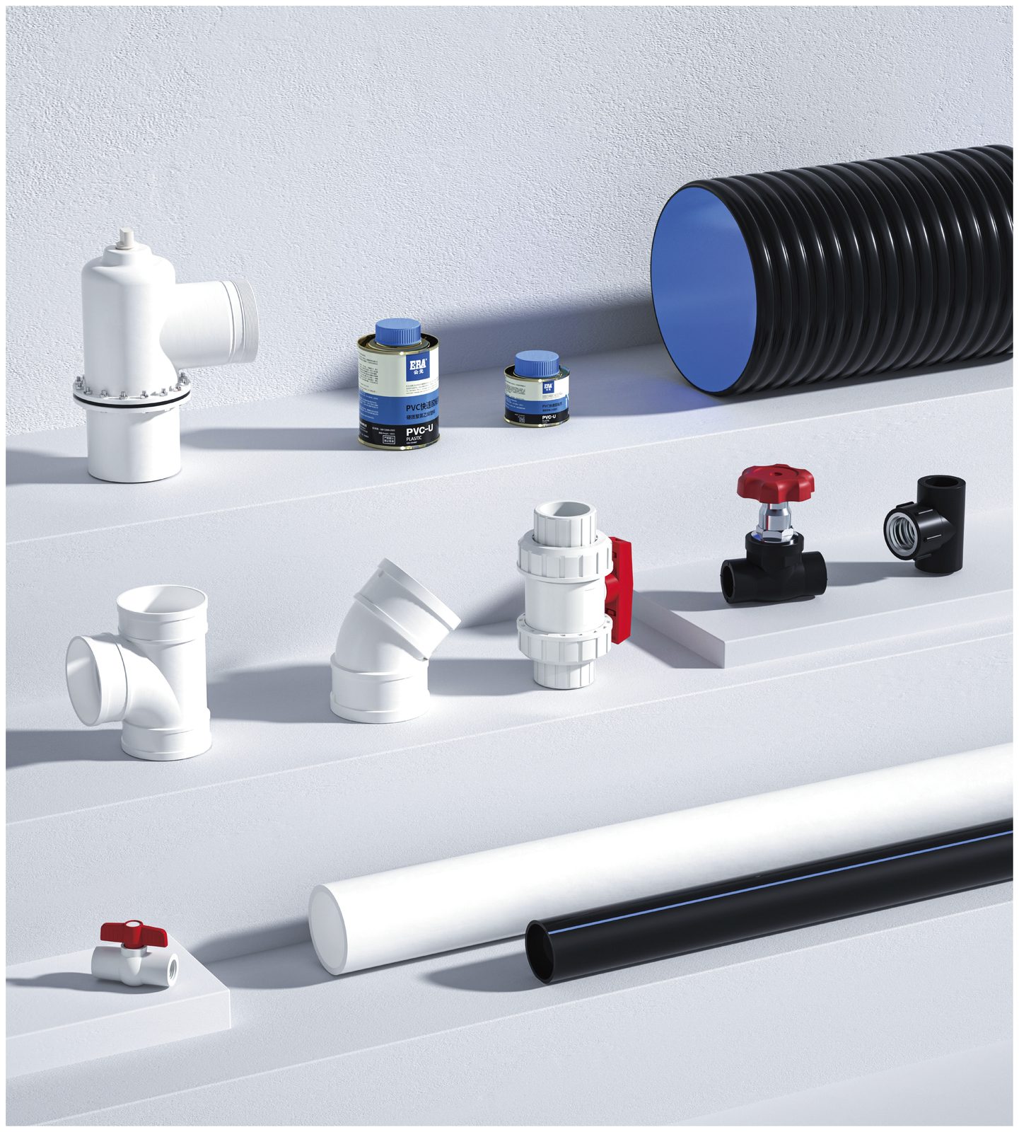 ERA PVC-U livestock piping range with water supply and corrugated pipes, fittings and valves