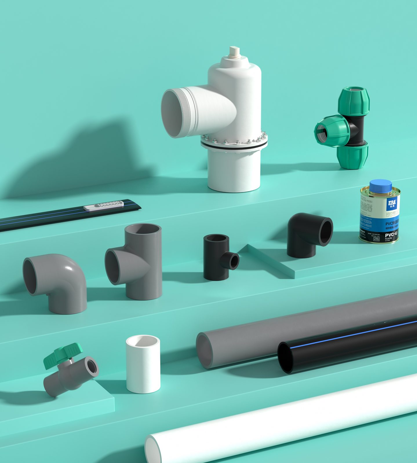 ERA PVC-U irrigation fittings range with compression tee, valves, pipes and solvent cement